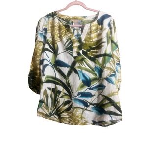 Chicos Linen Tropical Palm Leaf Print Tunic Top Green Blue Split V-Neck Size 1